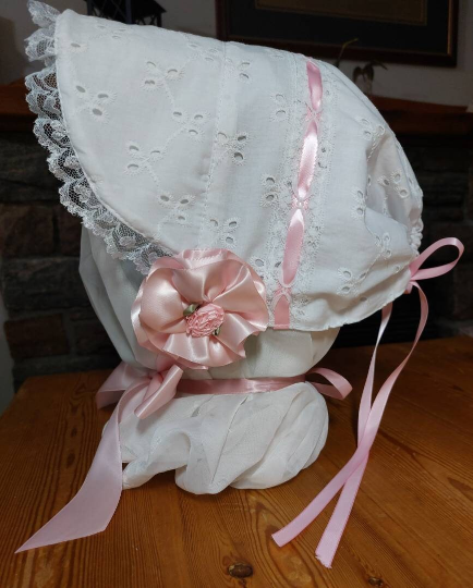Bonnet Hat Eyelet and Ribbon Adult size, Adult Baby. Sissy, Transgender, Cross Dresser, Custom Made