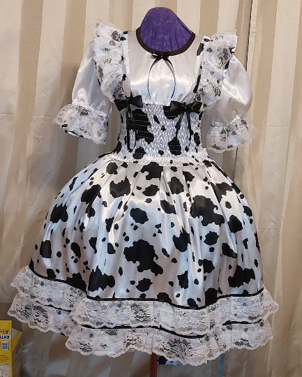 Graceful Cow Print Satin Sissy Dress, Lolita, Adult Baby, Cross Dresser, Custom Made, Lace, Ruffles, Bow