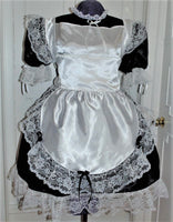 Maid Outfit, Satin Dress, with white apron, Sissy, Lolita, Costume, Rave, Cosplay